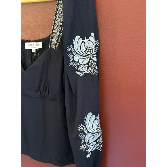 Hale Bob Black Deandra Embroidered Sweetheart Neckline Blouse Size XS Bohemian - Picture 3 of 9